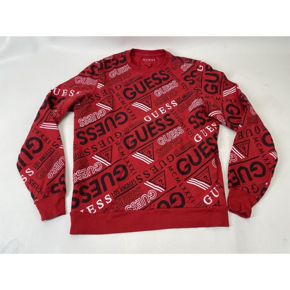 Guess Los Angeles Sweatshirt All Over Print Spell Out Mens Size S Red